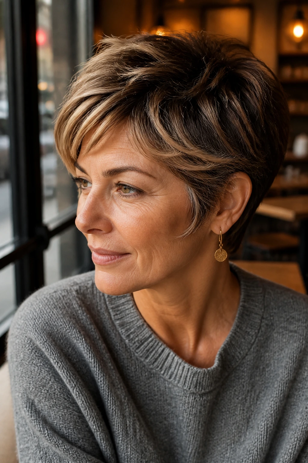 Close-up of a real woman with a feathered crop and sideburn detail in warm cafe light