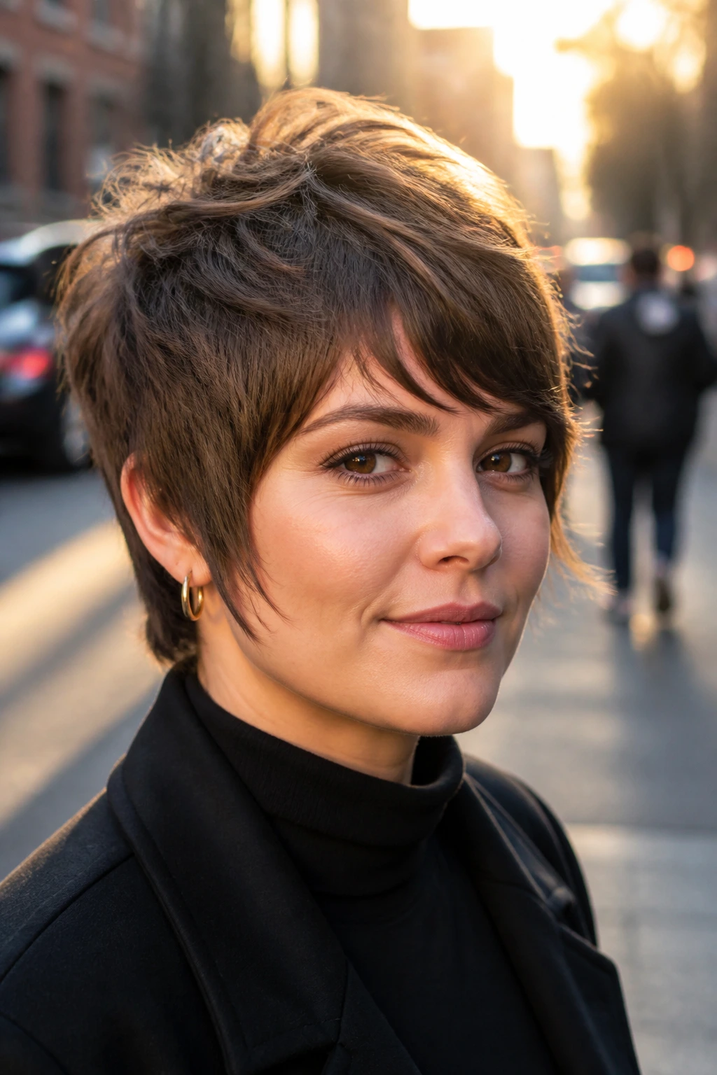 Close-up of person with feathered crop and sideburn detail