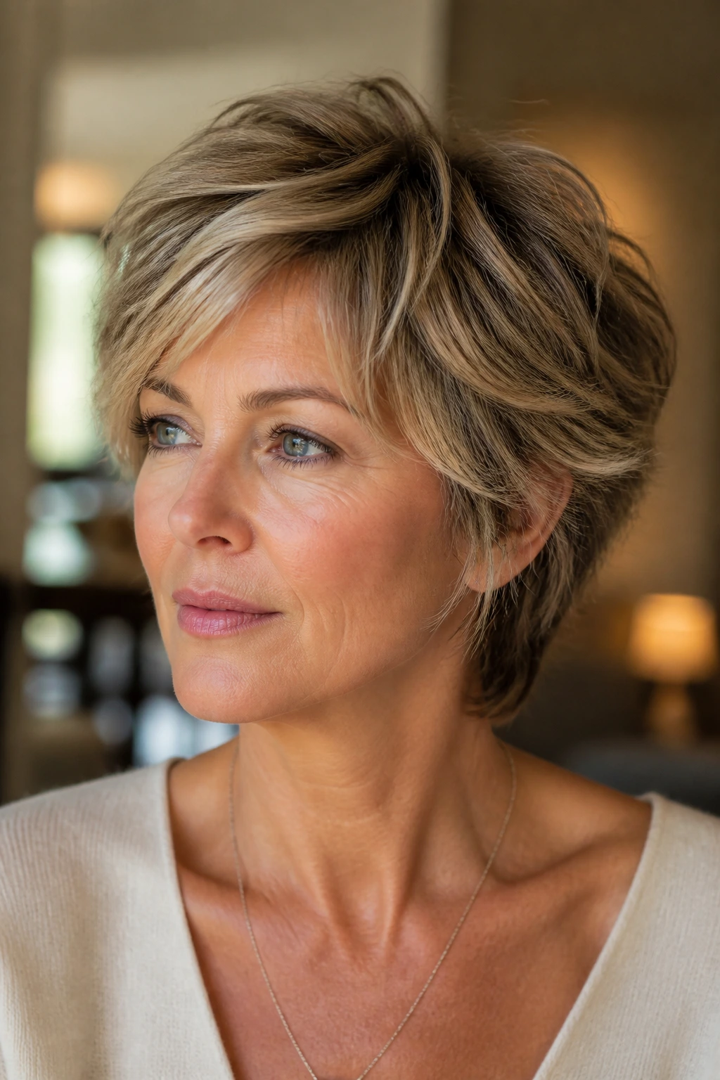 Close-up of a real woman with feathered crop and soft layers