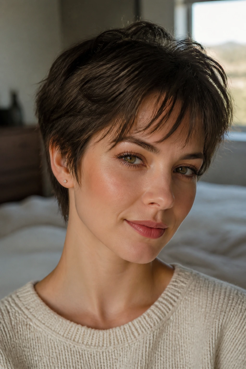 Close-up portrait of a real person with a feathered crop and wispy bangs in soft bedroom light