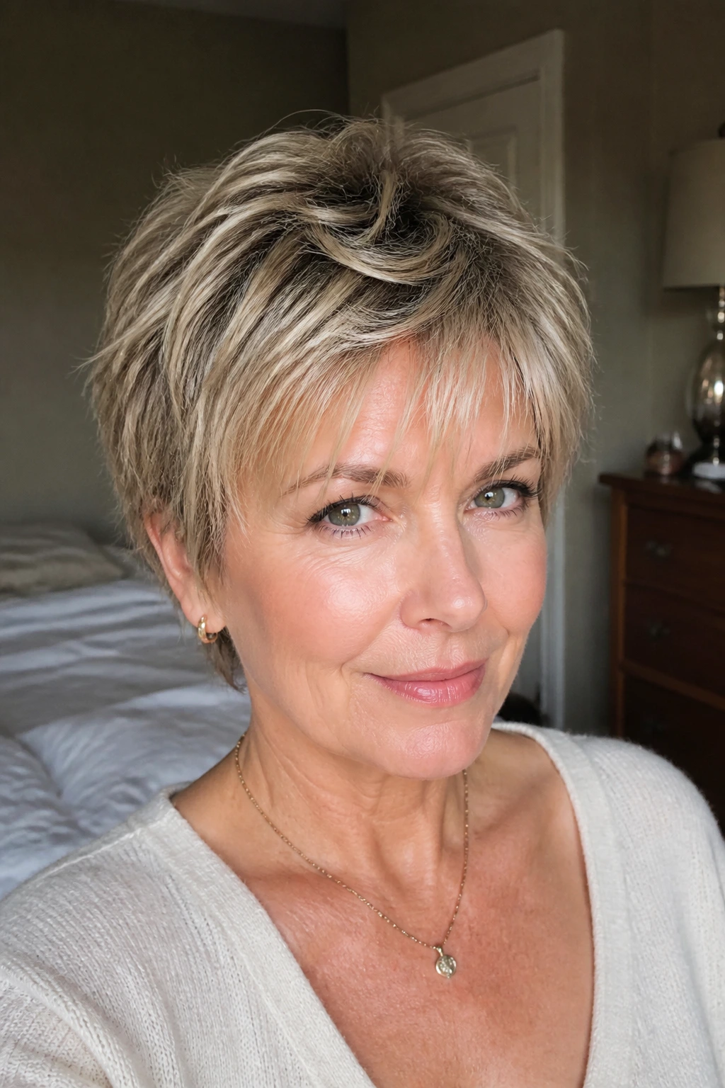 Close-up portrait of a real woman with feathered crop and wispy bangs in soft window light