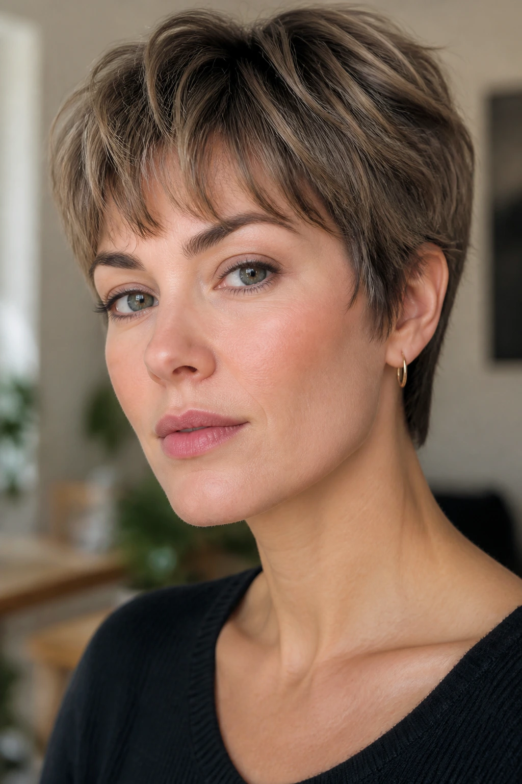 Close-up portrait of a woman with a feathered crop and wispy fringe