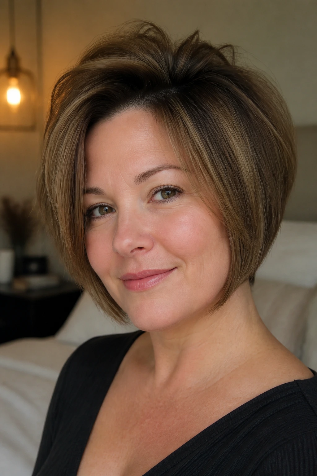 Close-up of real woman wearing Feathered Crown Bob with crown lift and tapered sides
