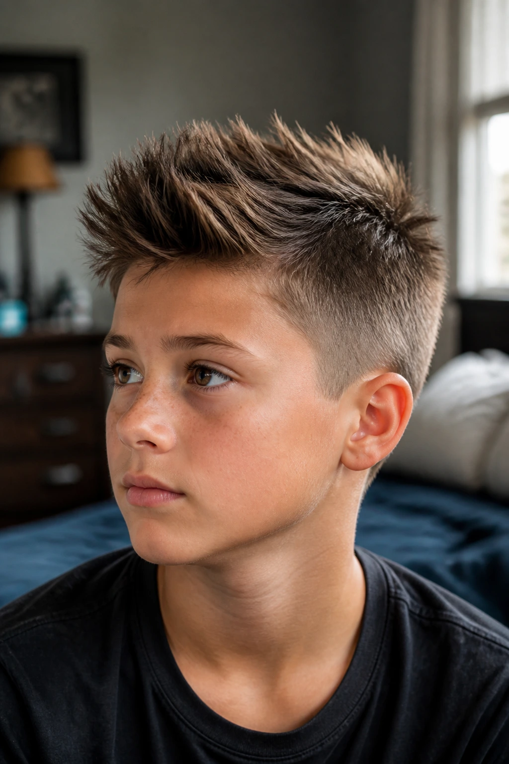 Close-up portrait of a real boy with a feathered Eurohawk and choppy crown, natural window light