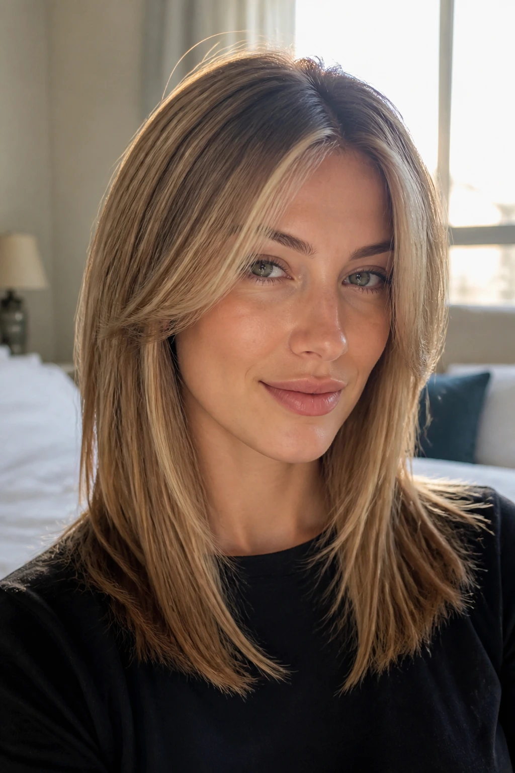 Close-up of a real woman with feathered crown layers and straight ends