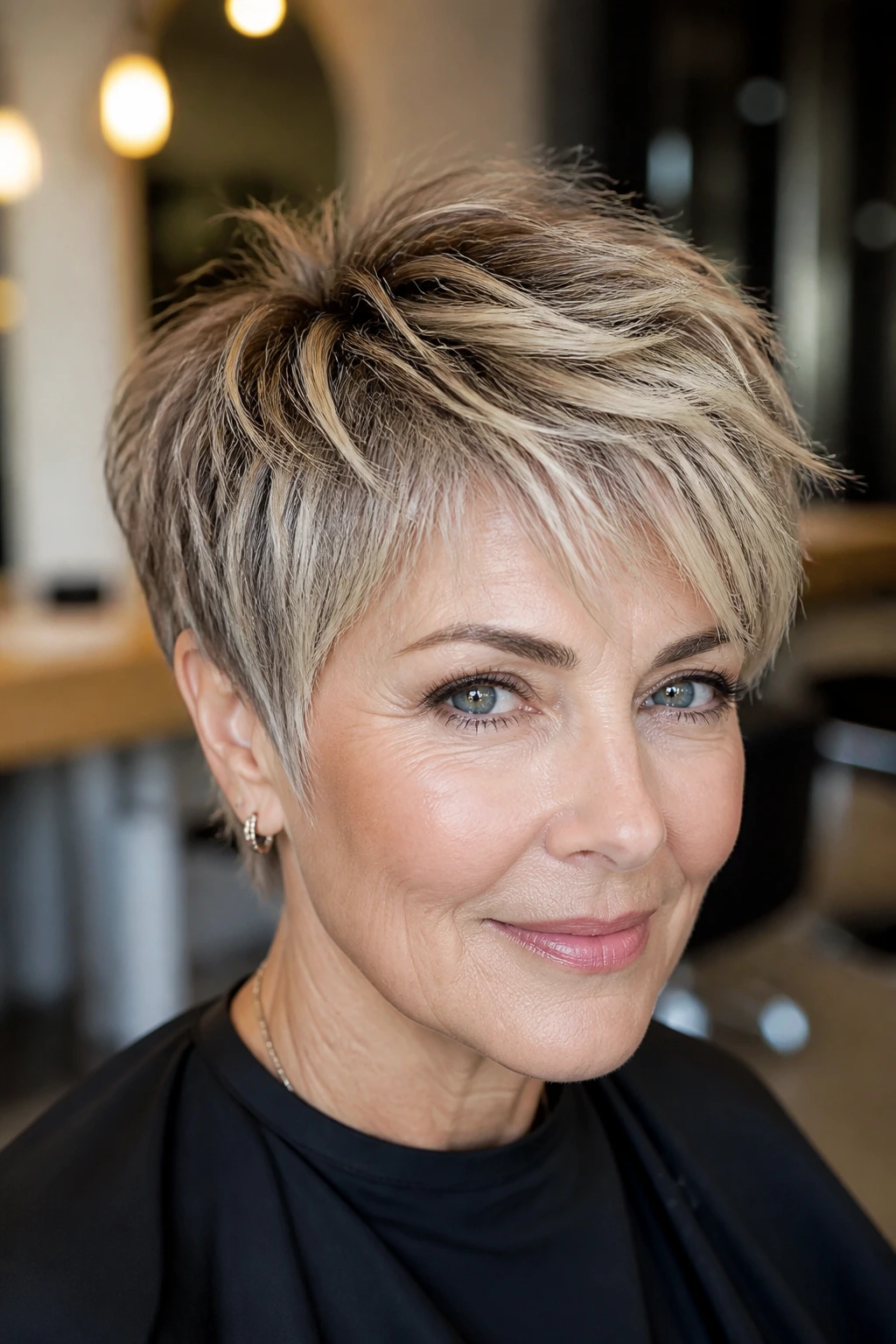 Portrait of woman with feathered crown lift shag pixie and babylights.