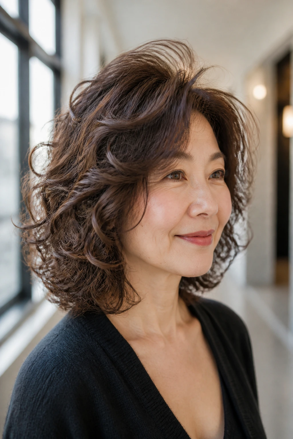 Portrait of a real woman with a feathered crown lob showing lifted crown and controlled sides