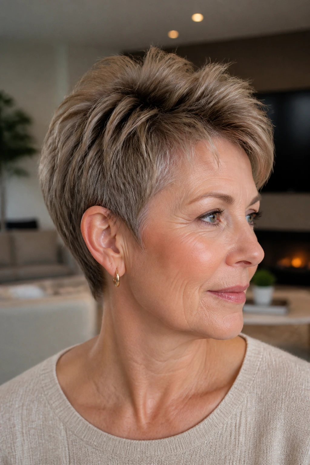 Portrait of a real woman with feathered crown pixie showing lifted crown