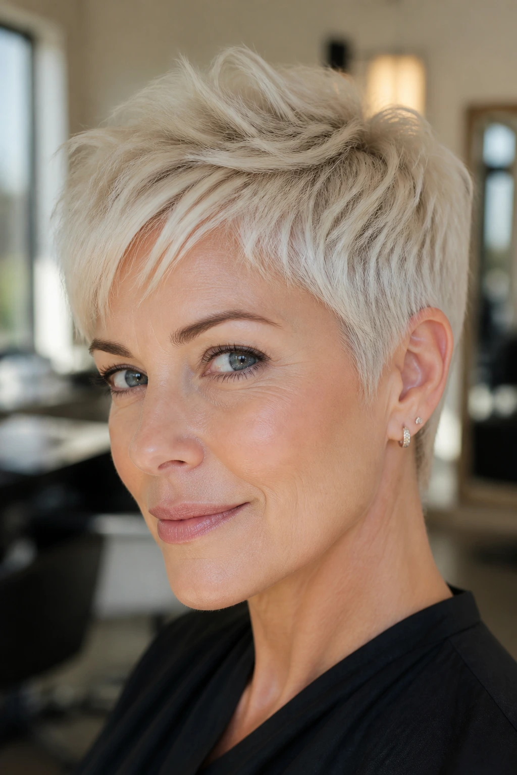 Close-up of person with platinum feathered crown pixie catching light in salon