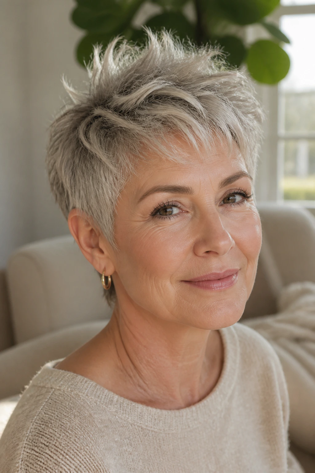 Real woman with feathered crown pixie in sunlit living room