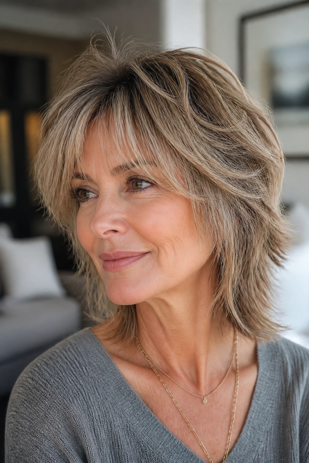 Close-up of a real woman with feathered crown shag and brow-grazing curtain bangs in natural light