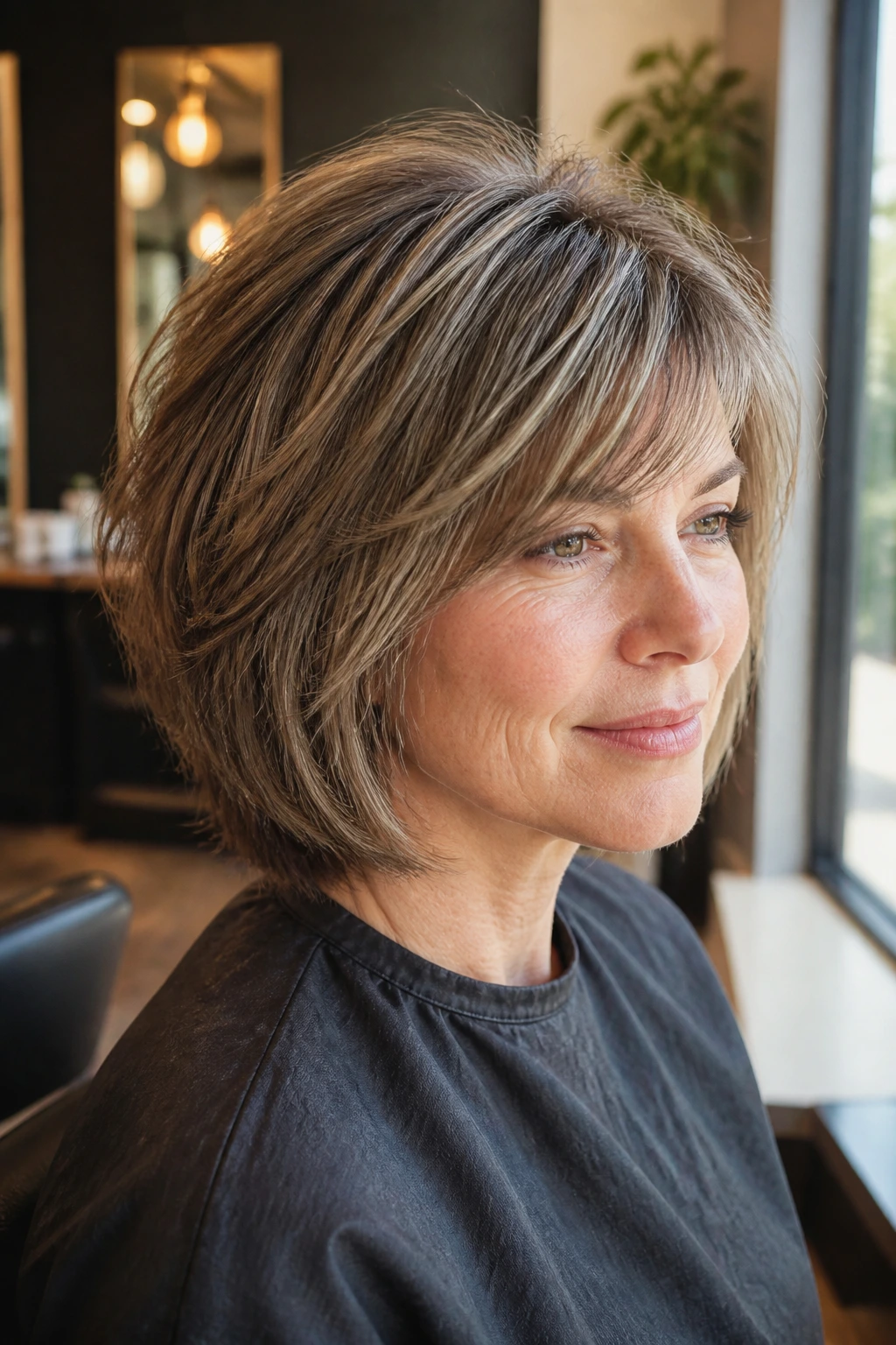 Close-up portrait of a real woman with a feathered crown stack hairstyle on a bob, natural window light.
