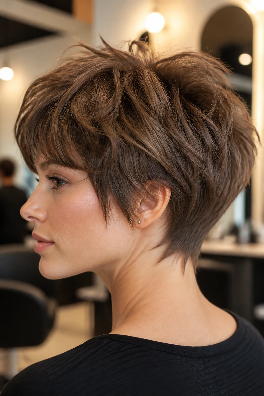 Close-up portrait of a real person with feathered crown and tapered nape on straight hair