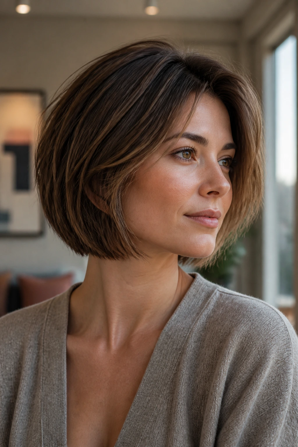 Close-up of a real person with crown-feathered volume in a bob hairstyle.
