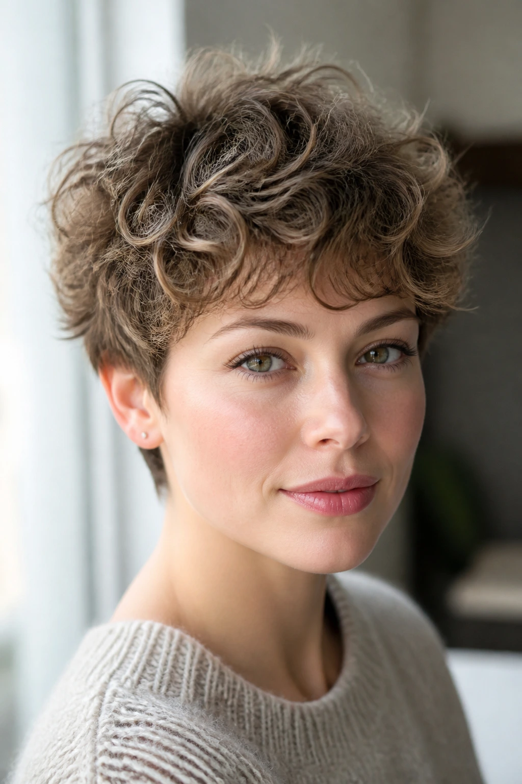 Close-up of a real woman with feathered curl crop and light ends in natural window light