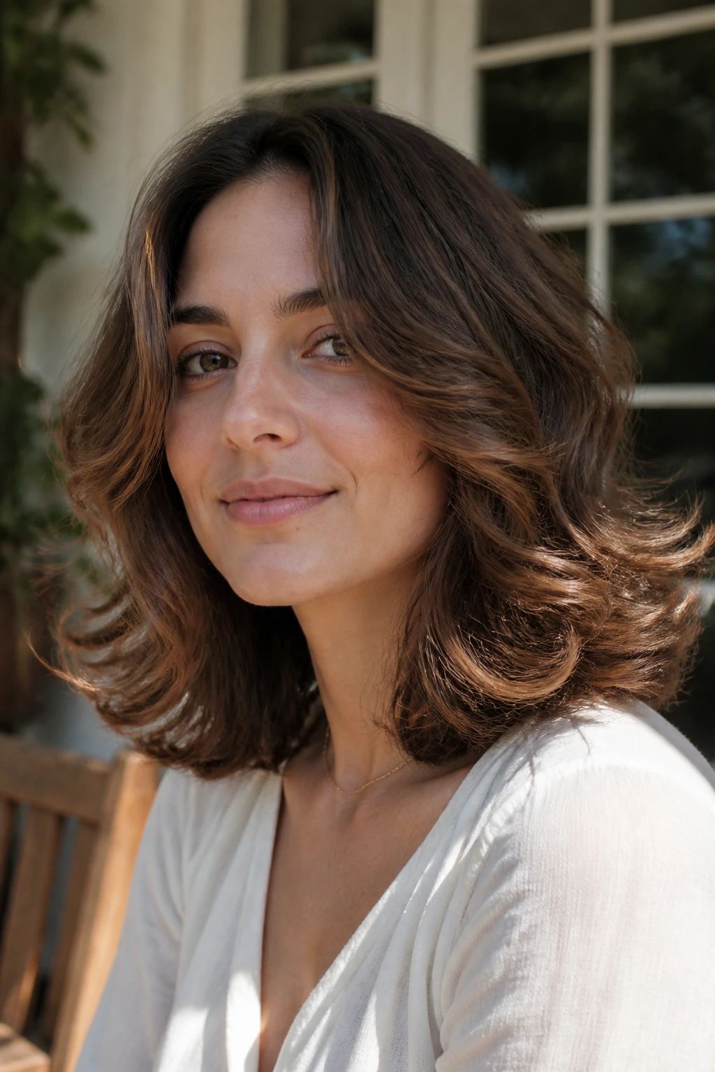 Real woman with feathered curl-out ends highlighted by warm light