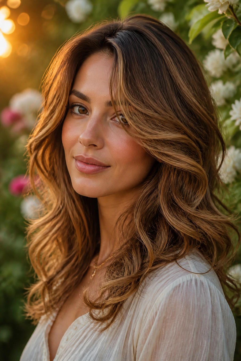 Close-up of a real woman with feathered mid-length layers on loose curls
