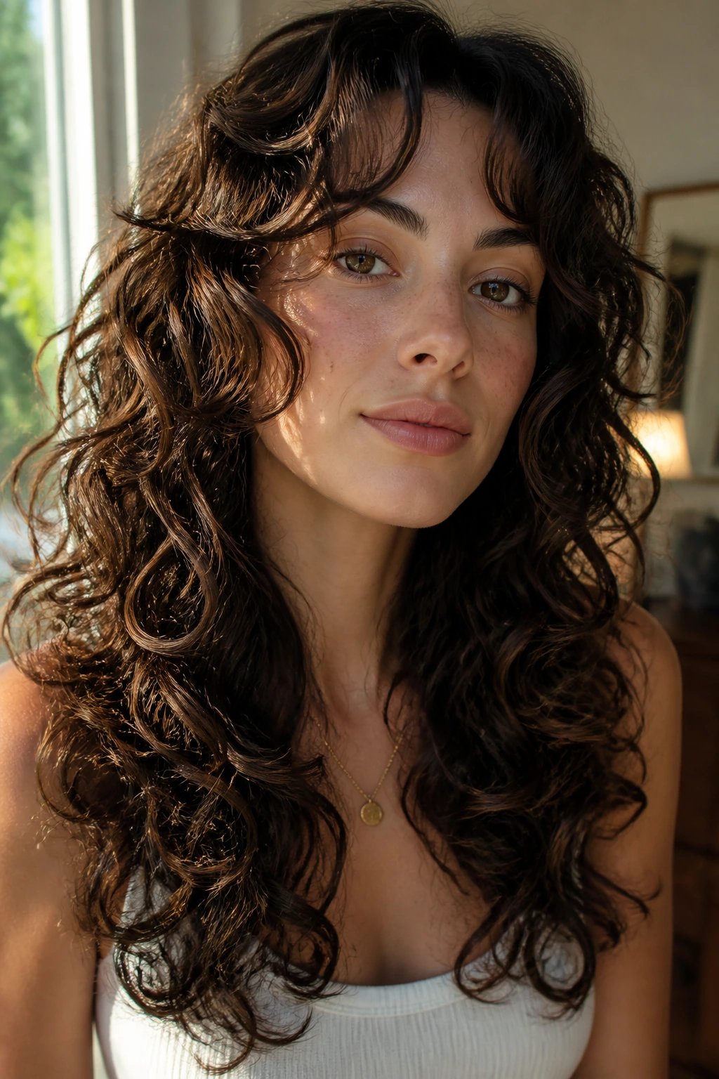 Close-up of a real woman with long feathered curls cascading past shoulders.