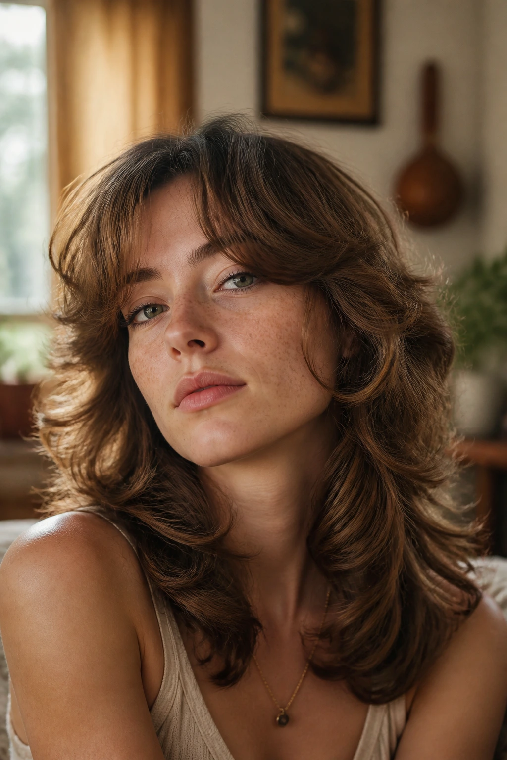 Portrait of a woman with feathered seventies curls flipping away from the cheeks.