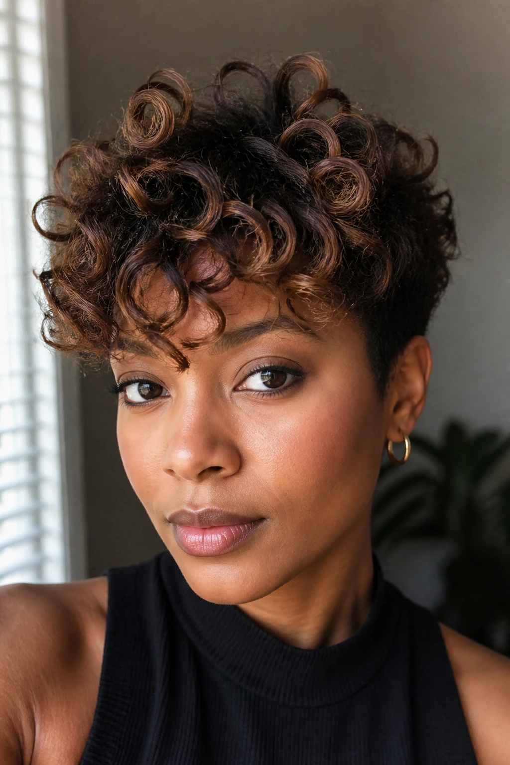 Close-up of a real woman with feathered curly bangs and multi-tone lowlights