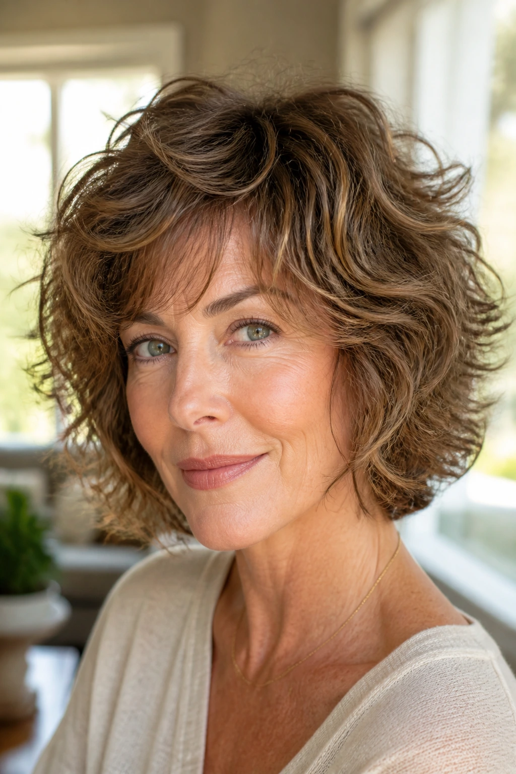 Close-up of a real woman with a feathered curly shag bob