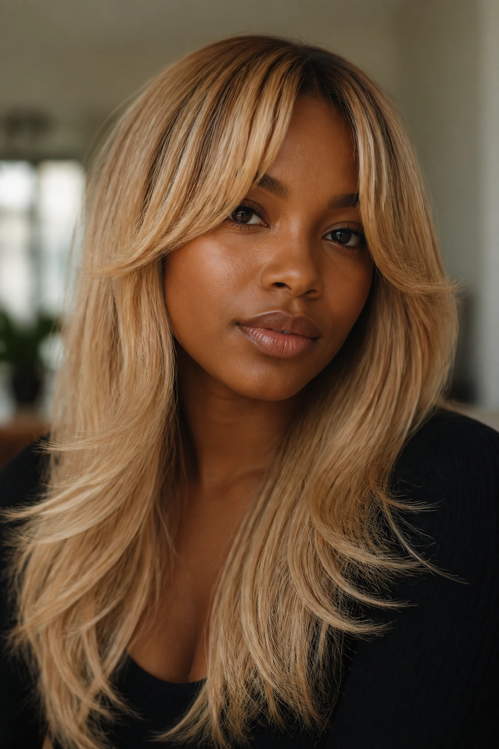 Portrait of a woman with feathered curtain bangs in warm blonde shade