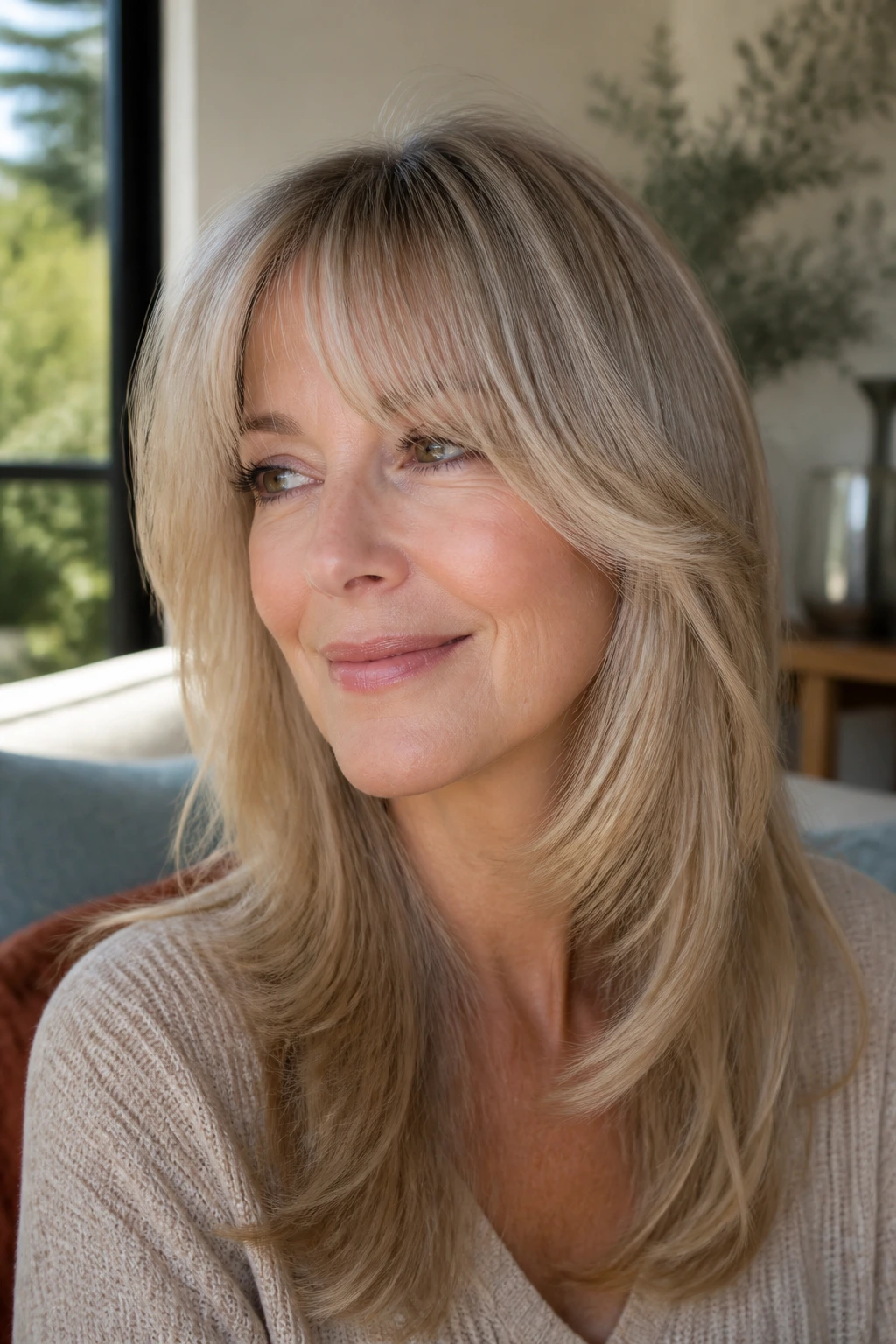 Woman with feathered curtain bangs skimming cheekbones, face framed softly.