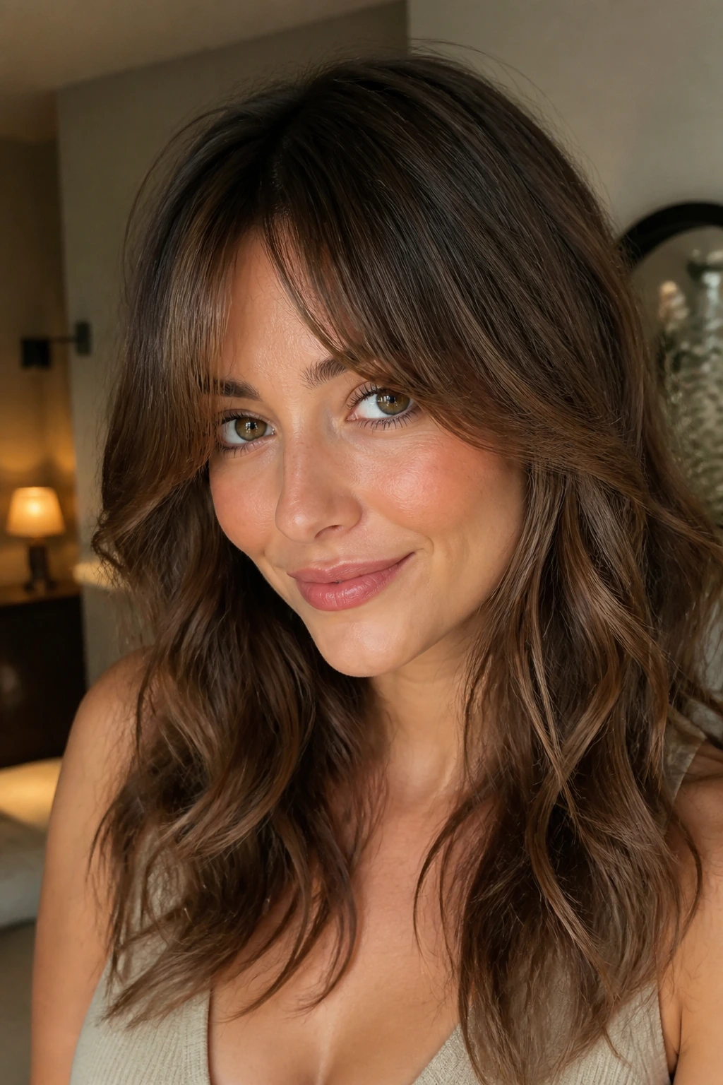 Close-up of a real woman wearing feathered curtain bangs in soft interior light