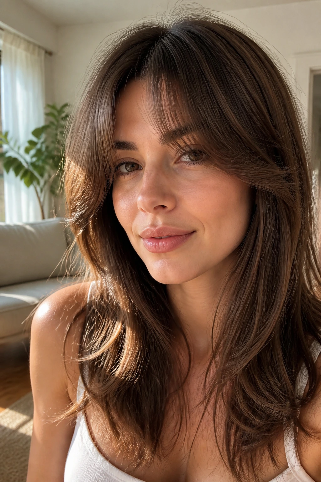 Close-up of a real woman with feathered curtain bangs sitting light at the root.