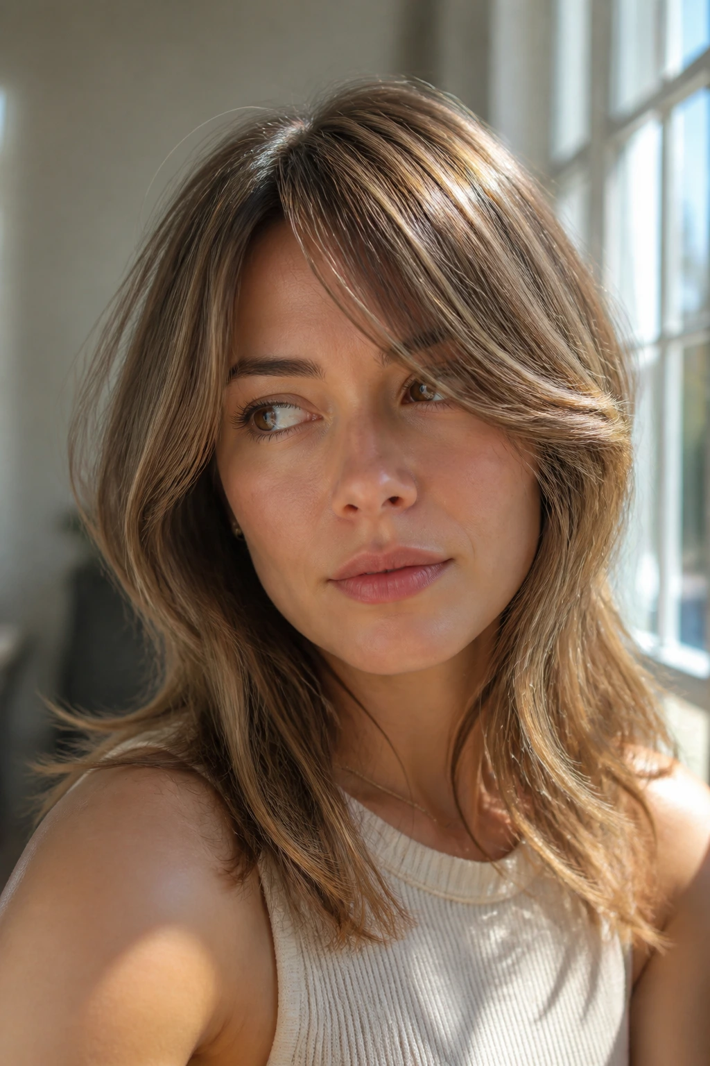 Close-up of a real person with feathered side-sweep curtains