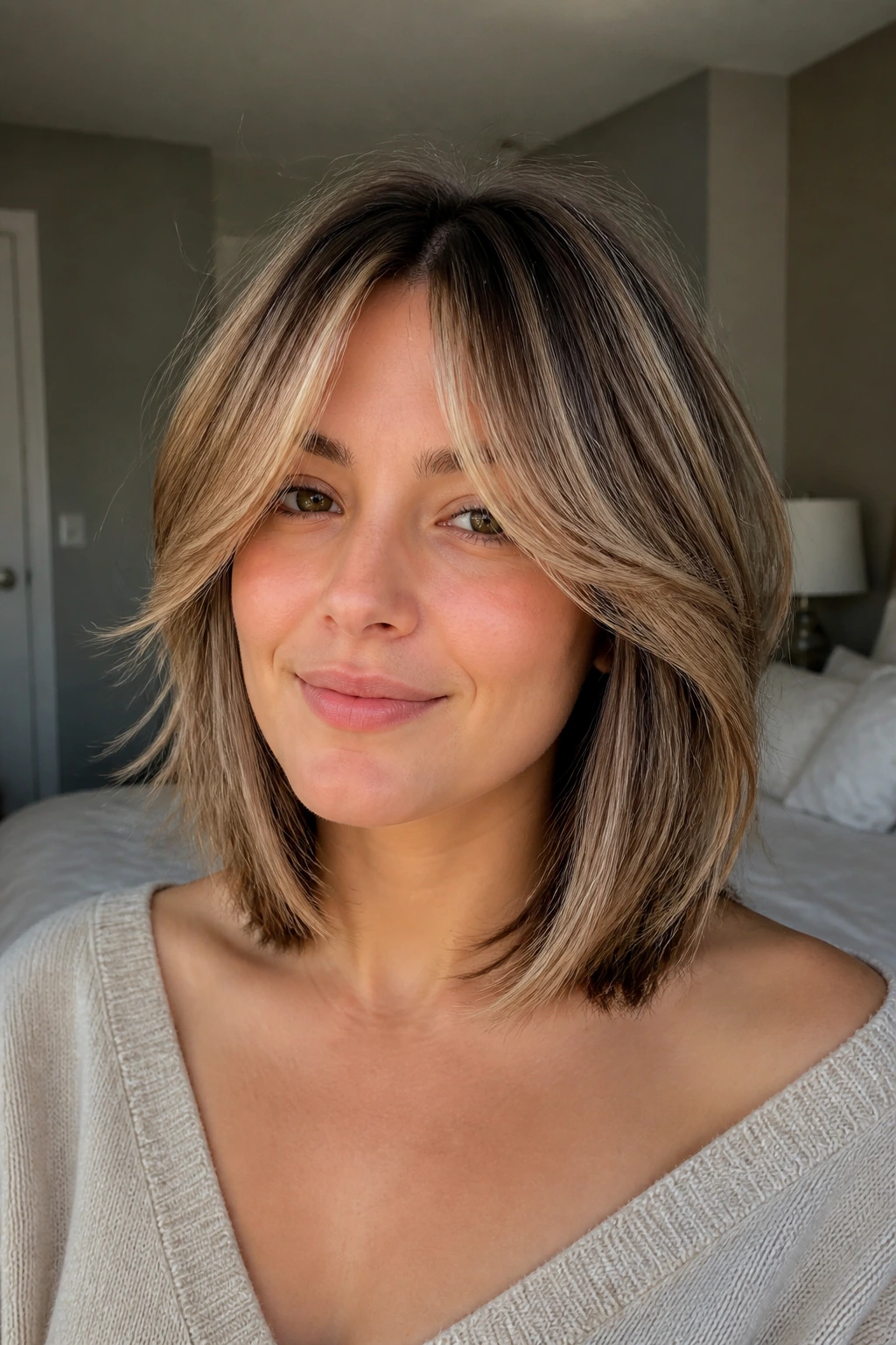 Close-up of feathered lob with curtain bangs on a real woman.
