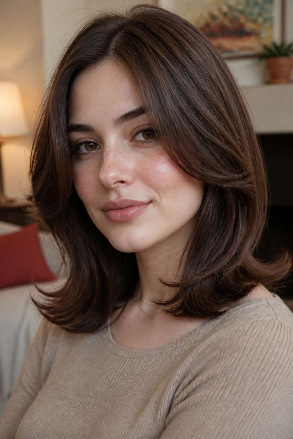 Portrait of a woman with feathered medium cut and flipped ends.