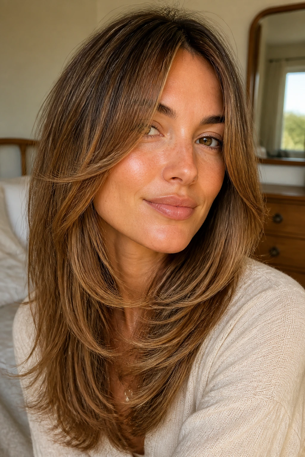 Close-up of a real woman with a feathered haircut, warm window-light bedroom setting.