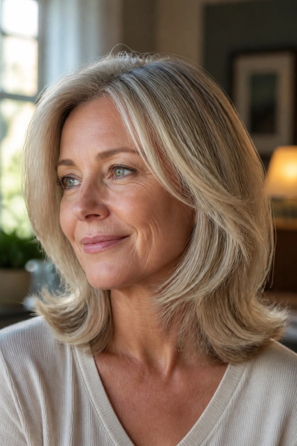 Close-up portrait of a woman with a feathered cut showing movement at the ends in warm window light