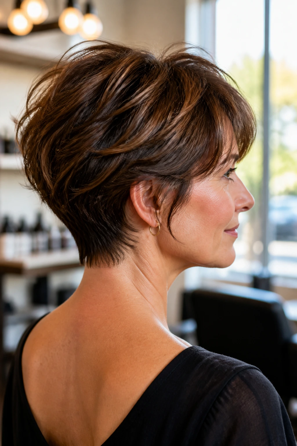 Close-up of a woman showing a tapered nape feathered cut with a soft neckline