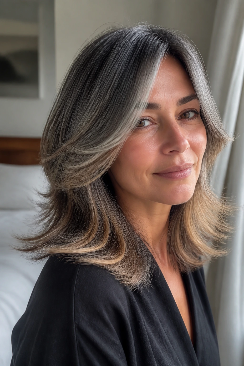 Portrait of a real woman with feathered mid-length cut, silver glaze and caramel ends, natural window light.