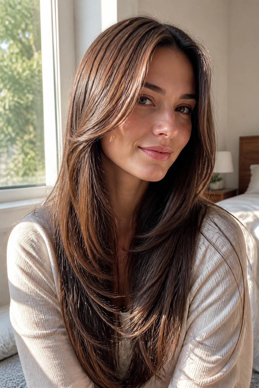 Close-up of a real person with feathered cuts showing movement in long straight hair