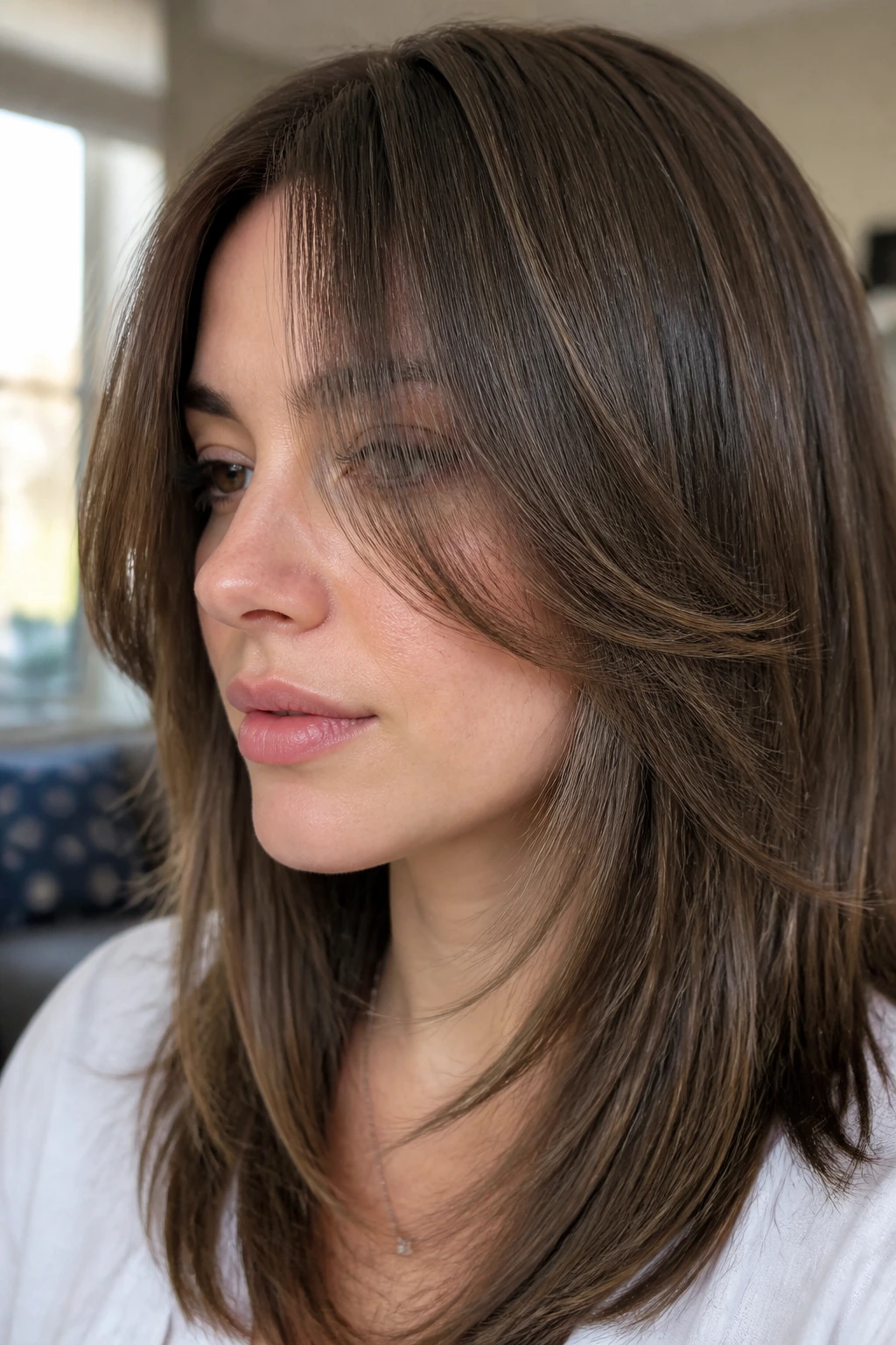 Close-up of person with feathered edge layers at the ends