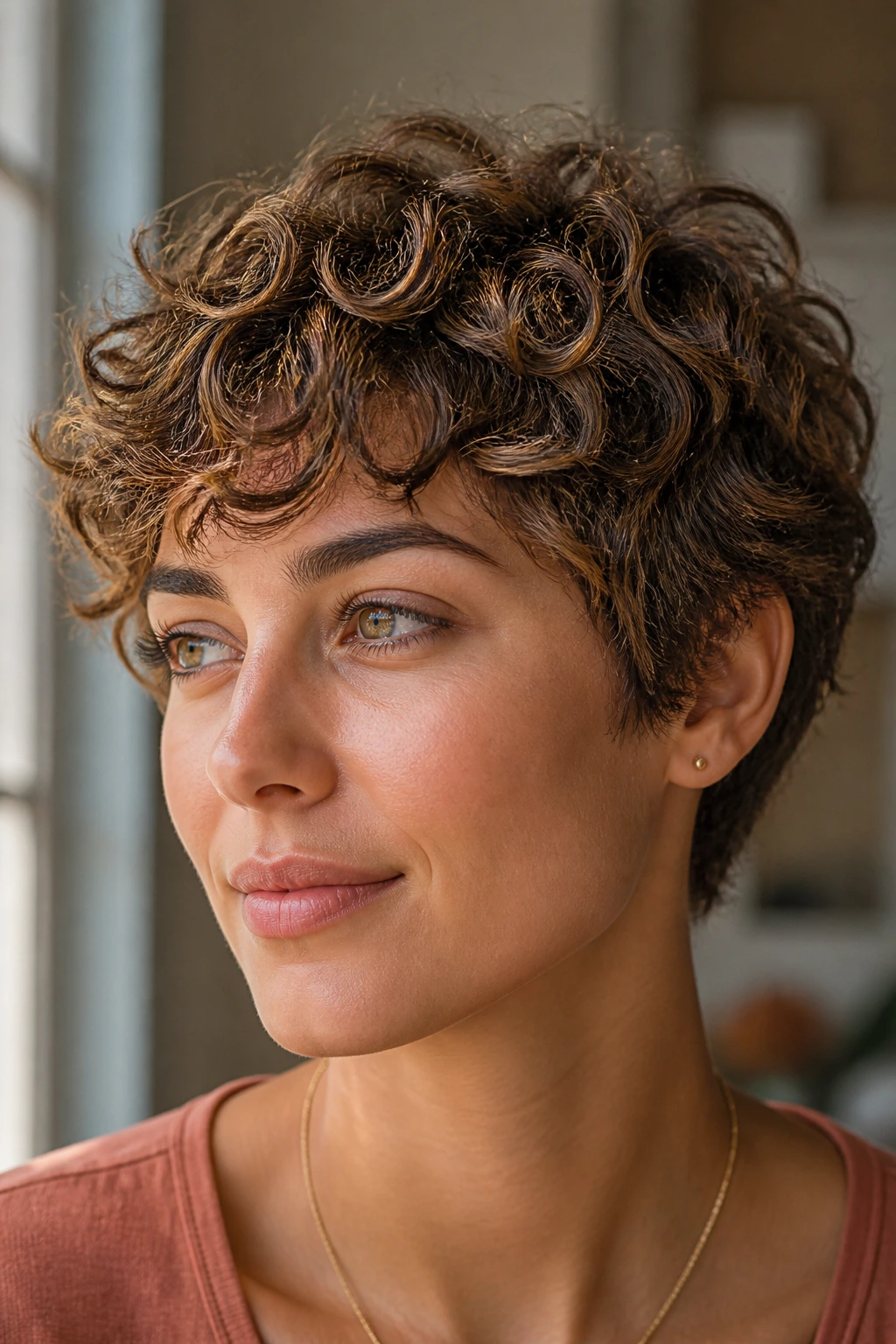 Close-up of curly pixie with feathered front edges
