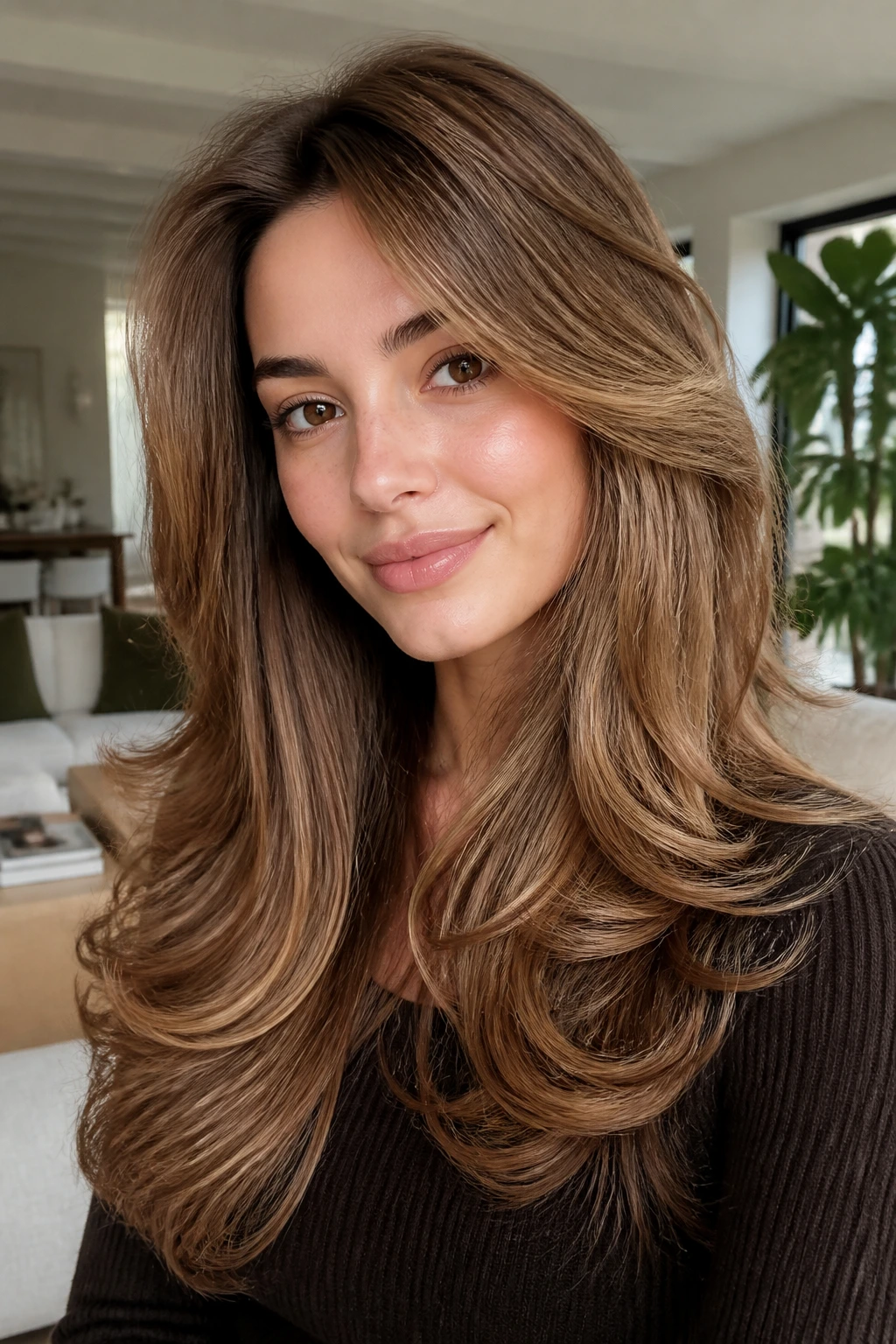 Portrait of a person with feathered ends and blowout bends framing the face