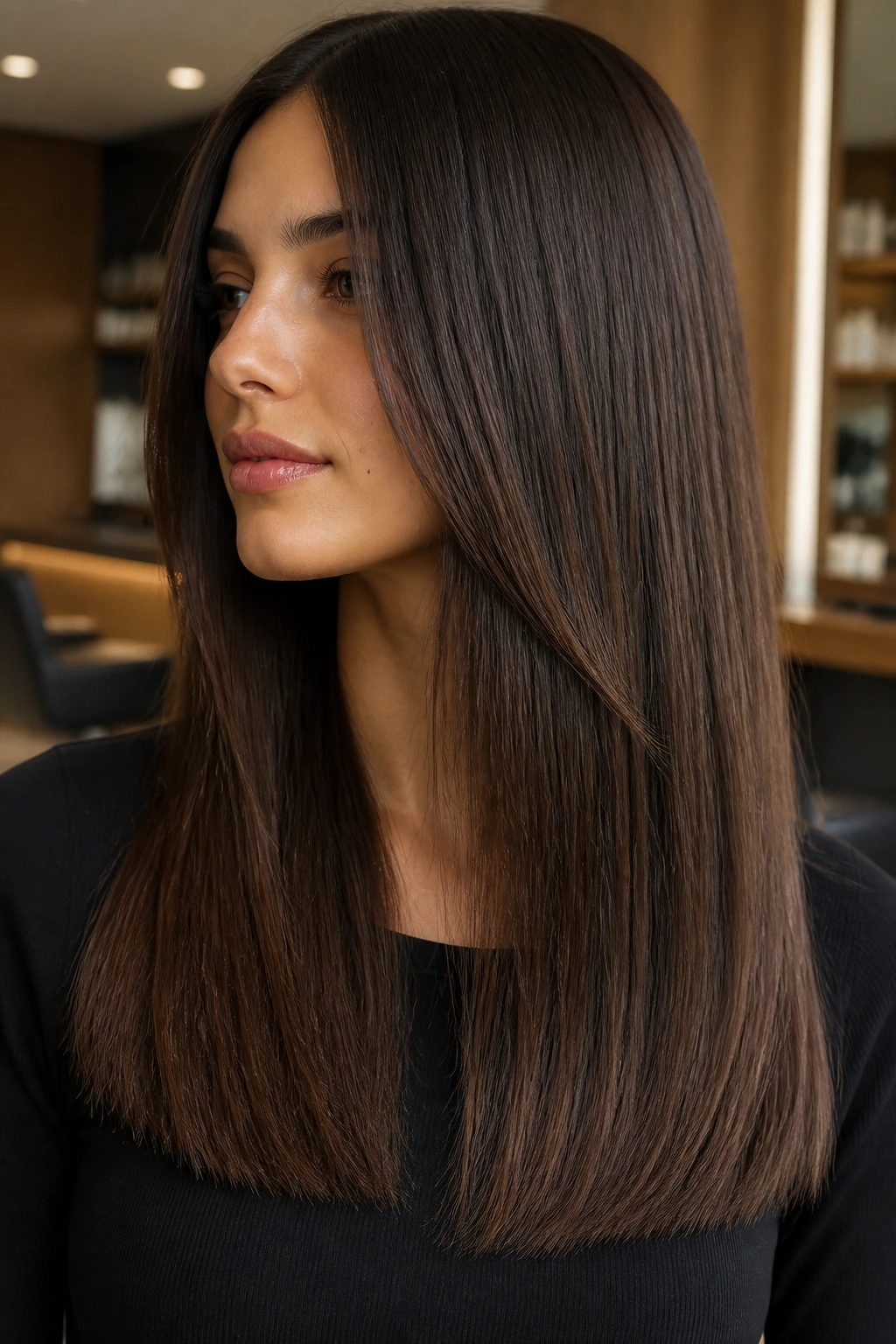 Close-up of a real woman with feathered ends and a blunt line on long straight hair