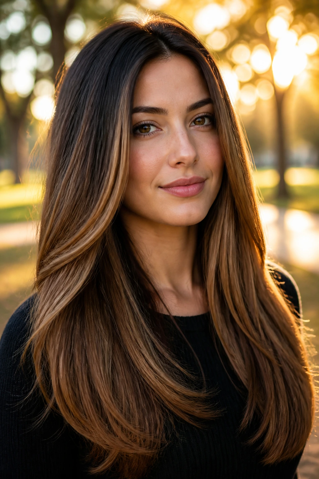 Real person with feathered ends and warm caramel sweep in long straight hair