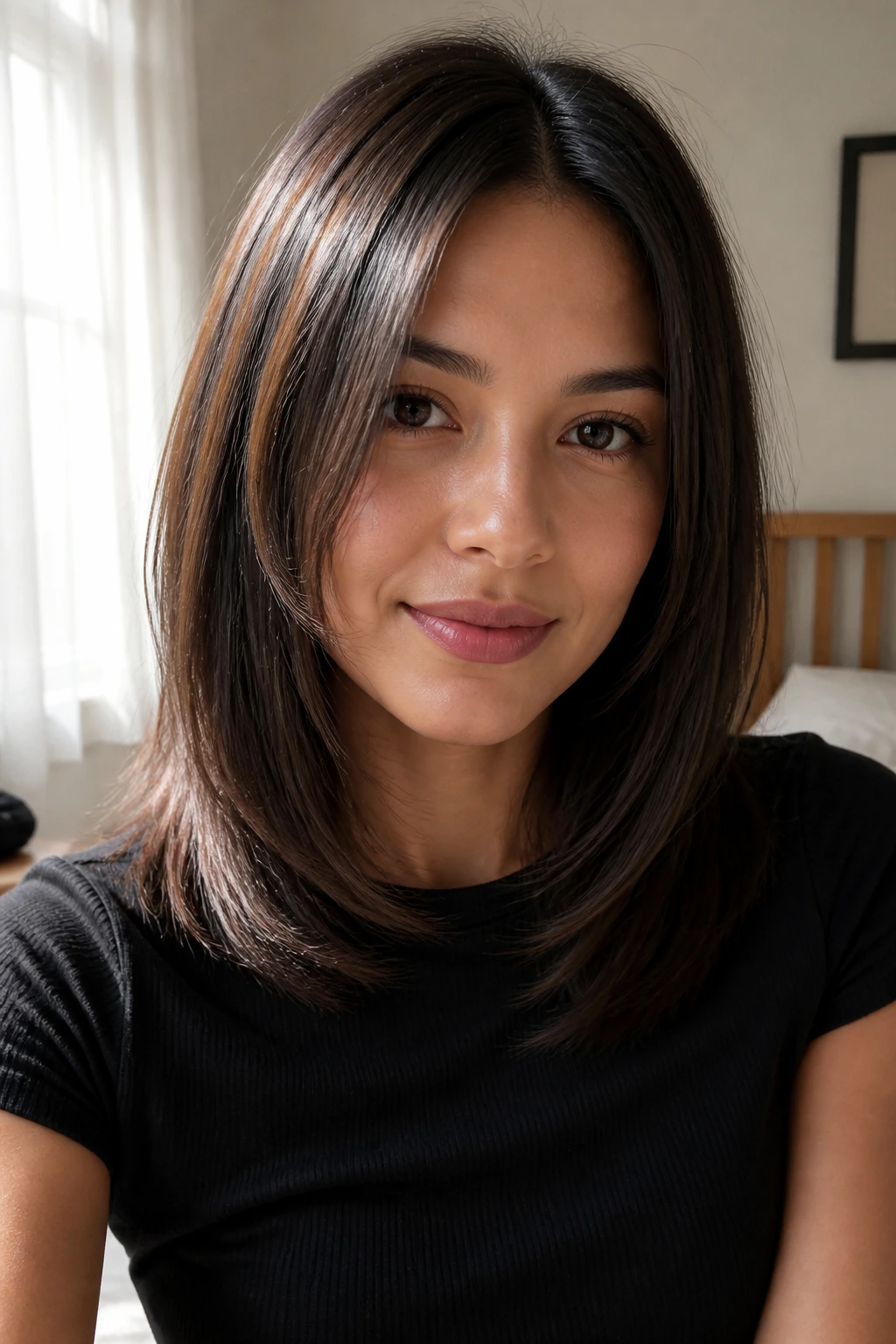 Close-up of a real woman with feathered ends and a clean line