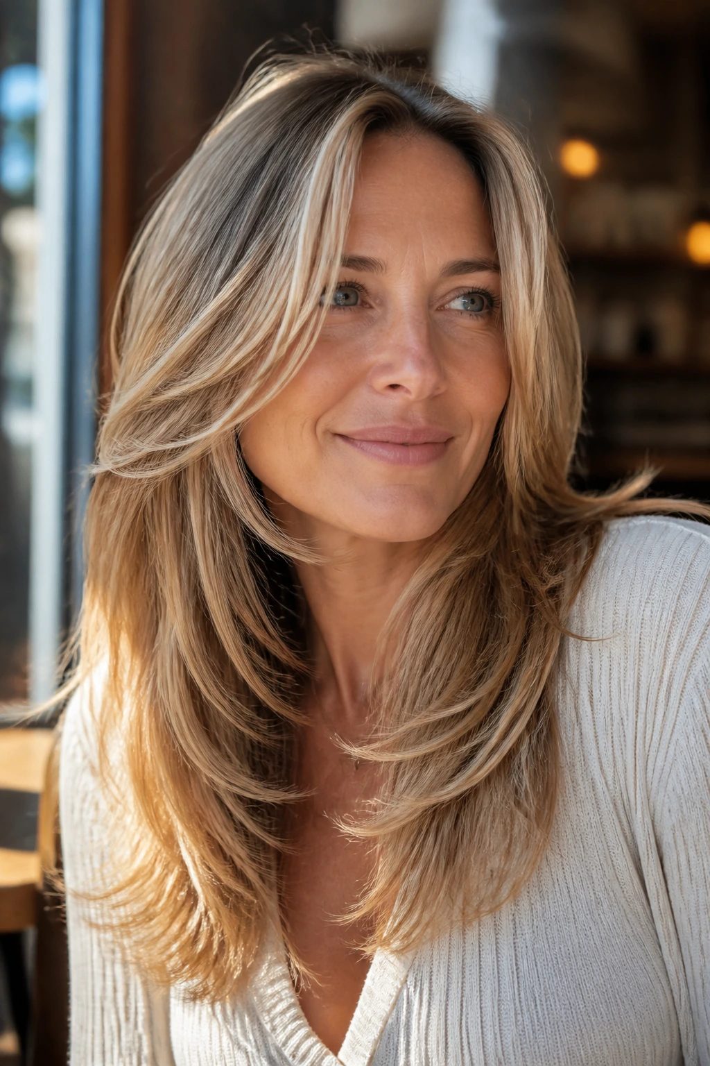 Portrait of a woman with feathered ends on long fine hair showing lift