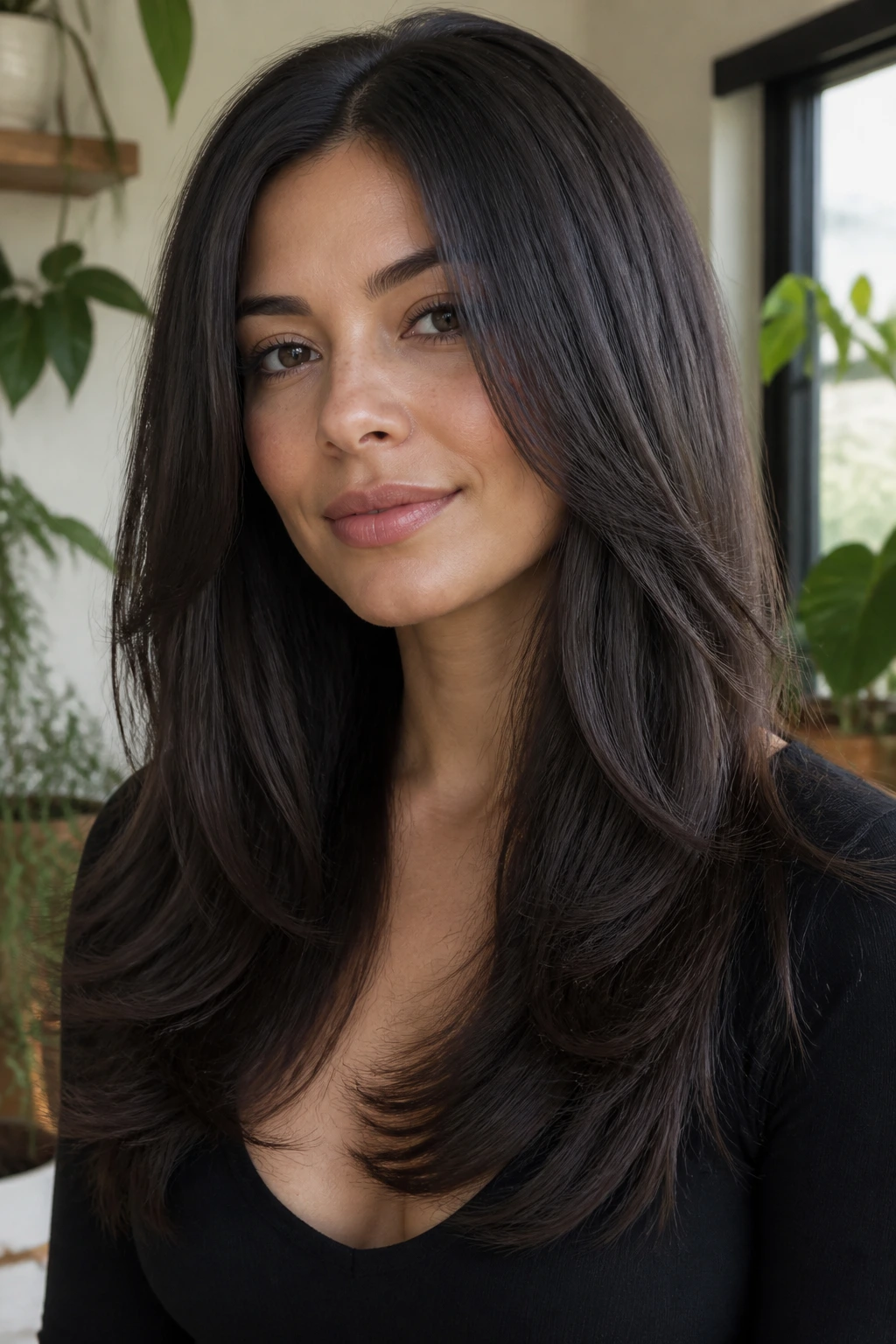 Real woman with feathered ends and a solid perimeter on long hair in window light