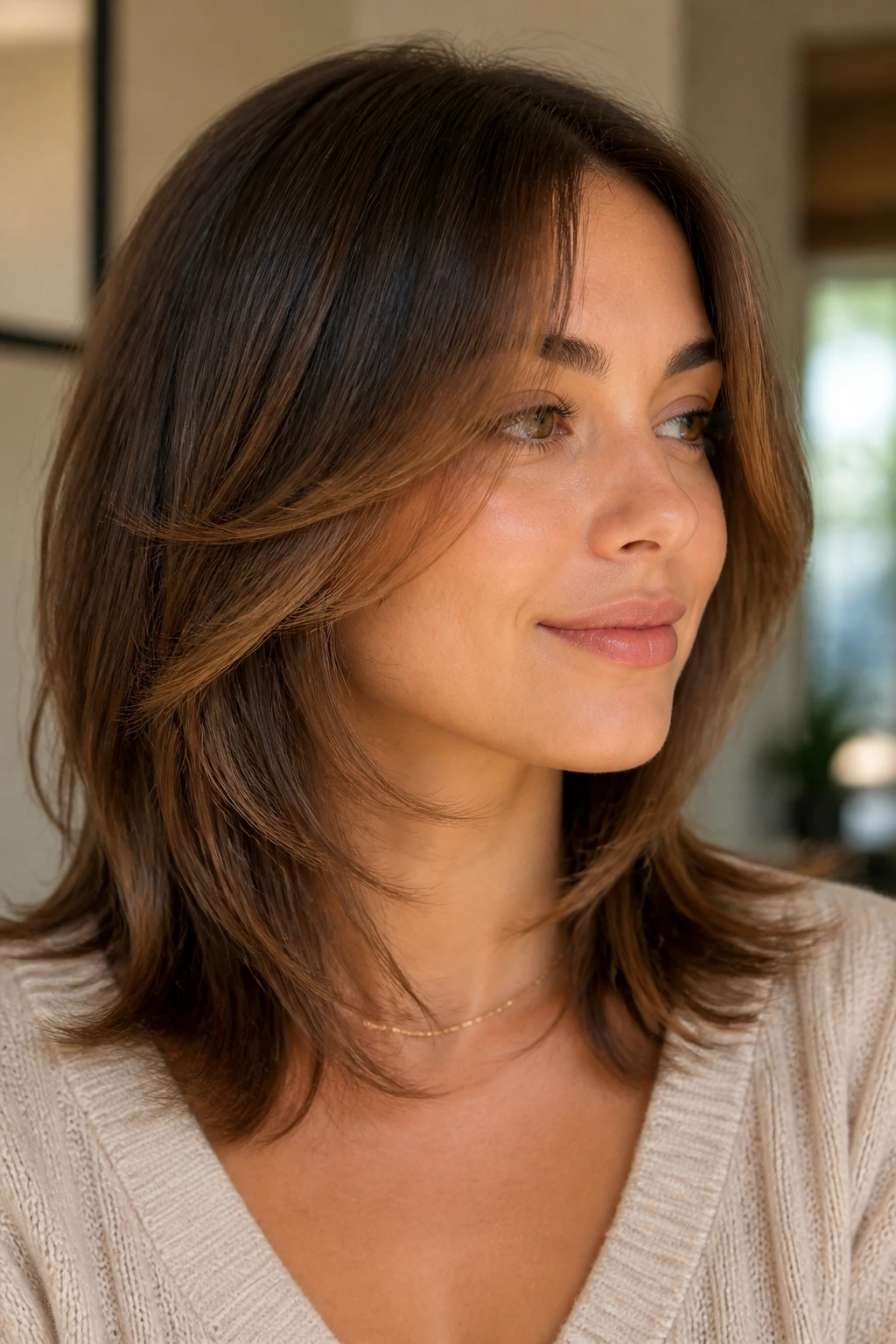 Portrait of a person with feathered ends creating a lighter finish
