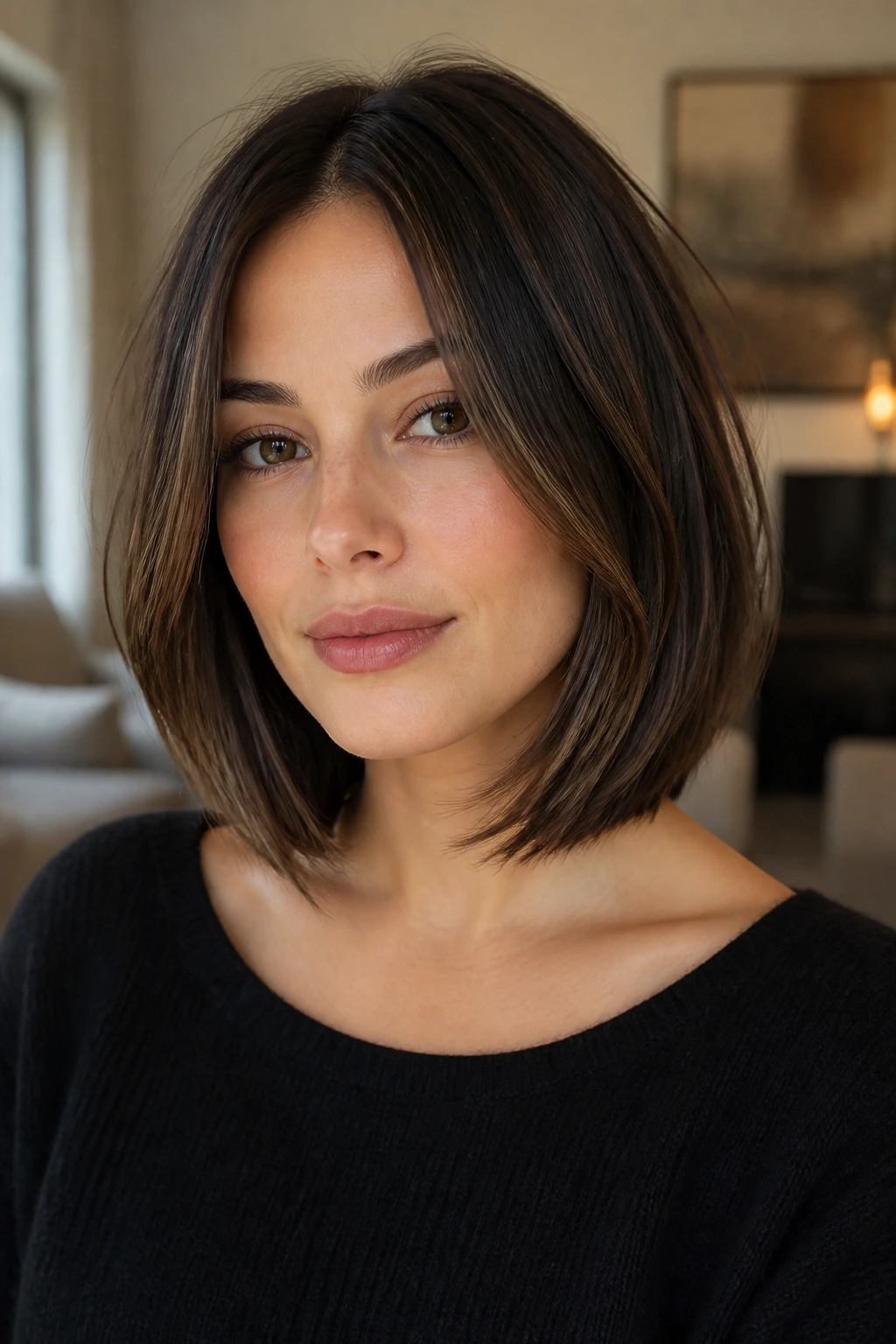 Close-up of a real woman with a feathered ends long bob under natural window light.