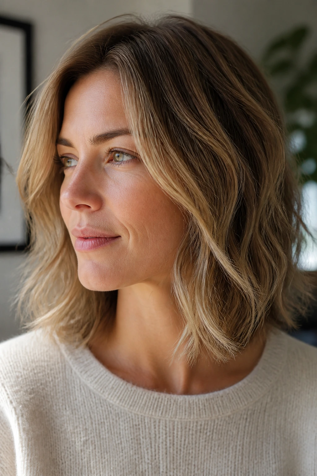 Close-up portrait of a real woman with feathered ends lob showing soft feathering and movement