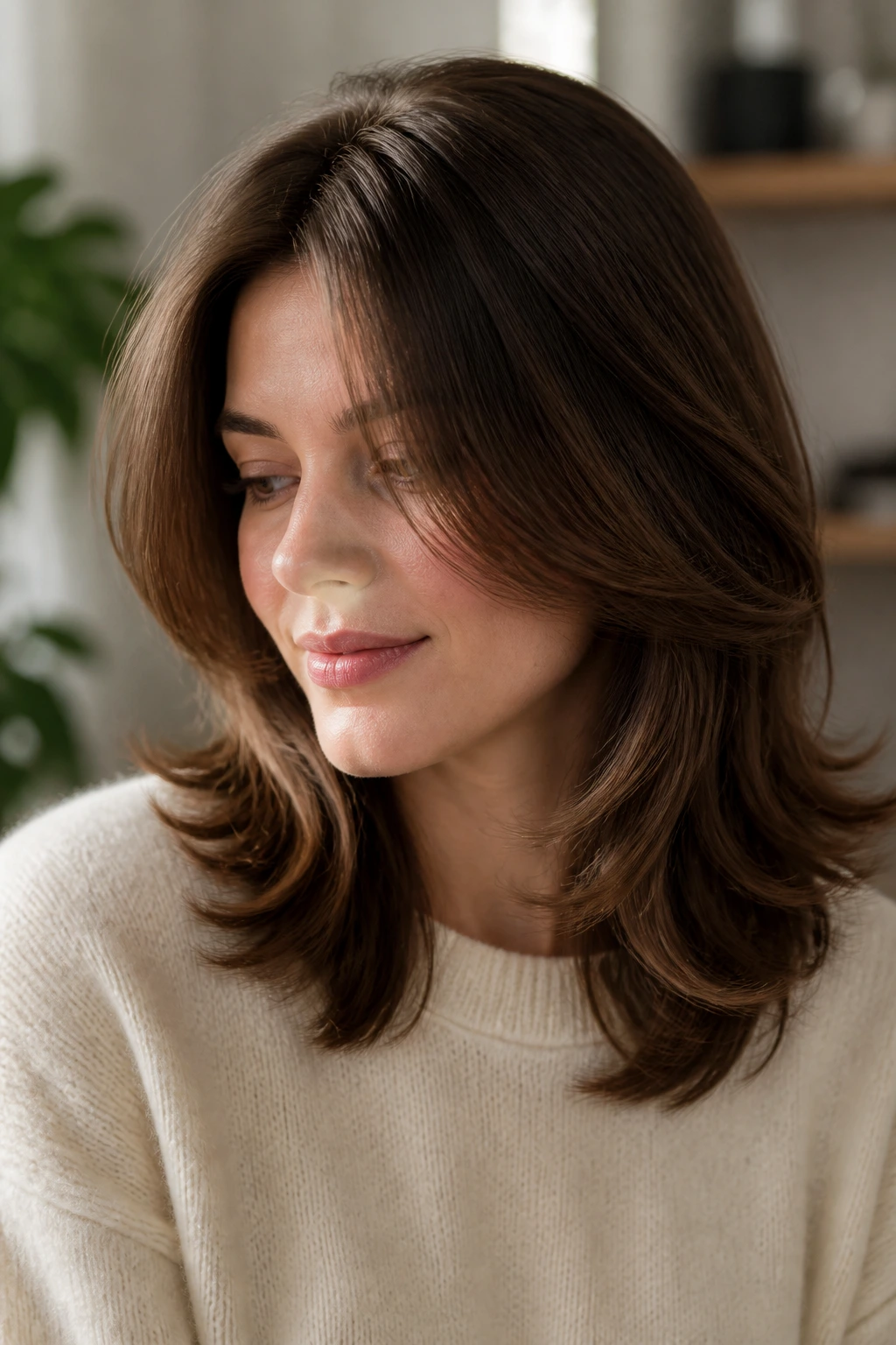 Close-up of a real woman with feathered mid-length hair and soft ends