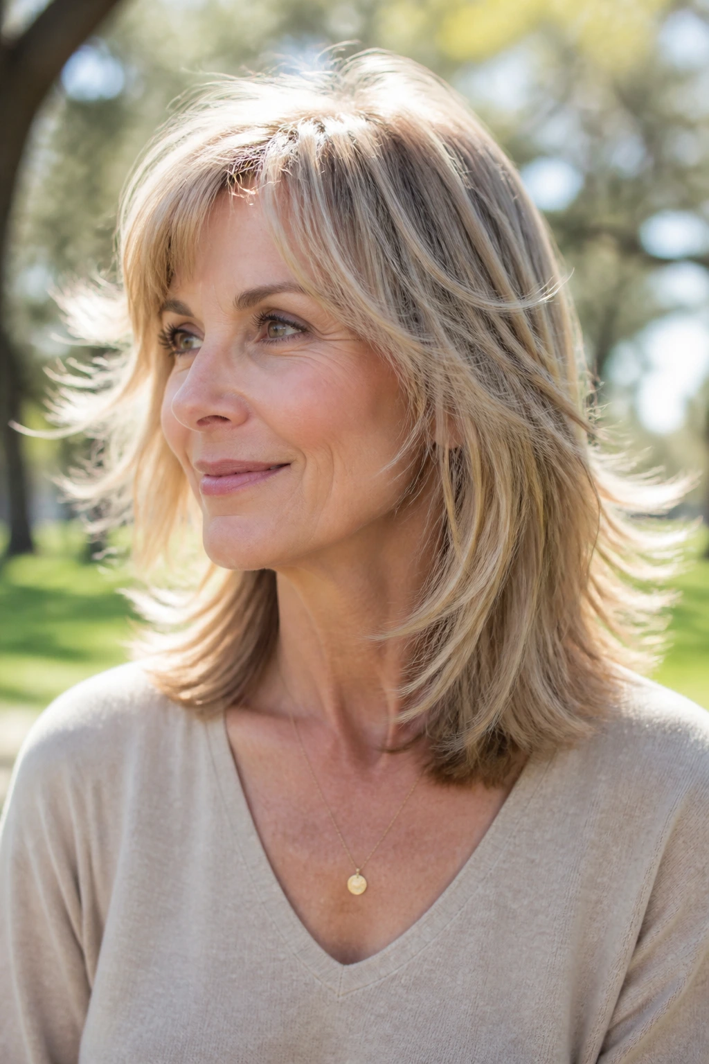 Close-up of a real woman with feathered ends on medium-length hair outdoors